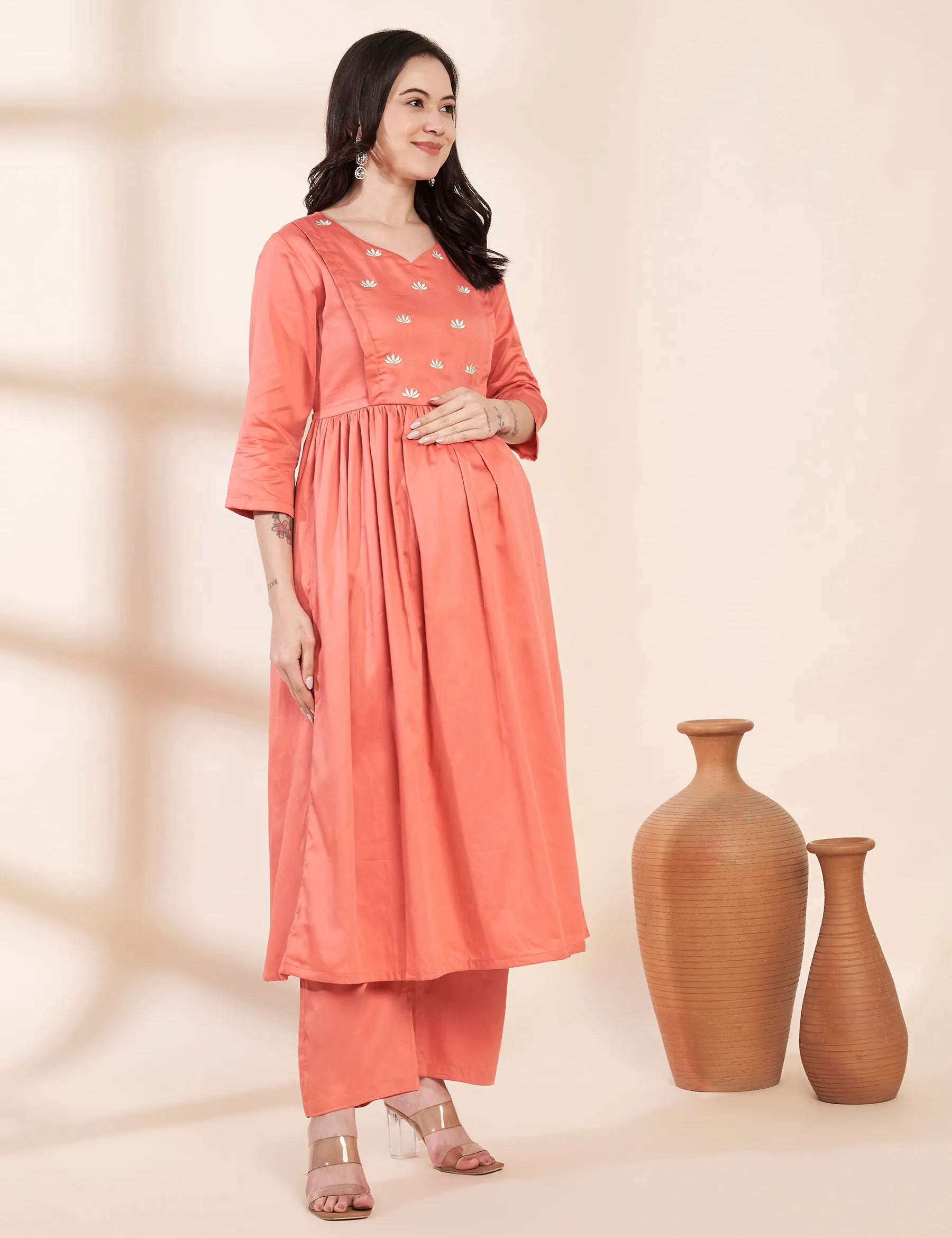 Peach Solid Glace Cotton Maternity Kurta with Trouser and Silk Dupatta