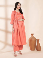 Peach Solid Glace Cotton Maternity Kurta with Trouser and Silk Dupatta