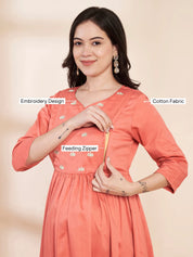 Peach Solid Glace Cotton Maternity Kurta with Trouser and Silk Dupatta