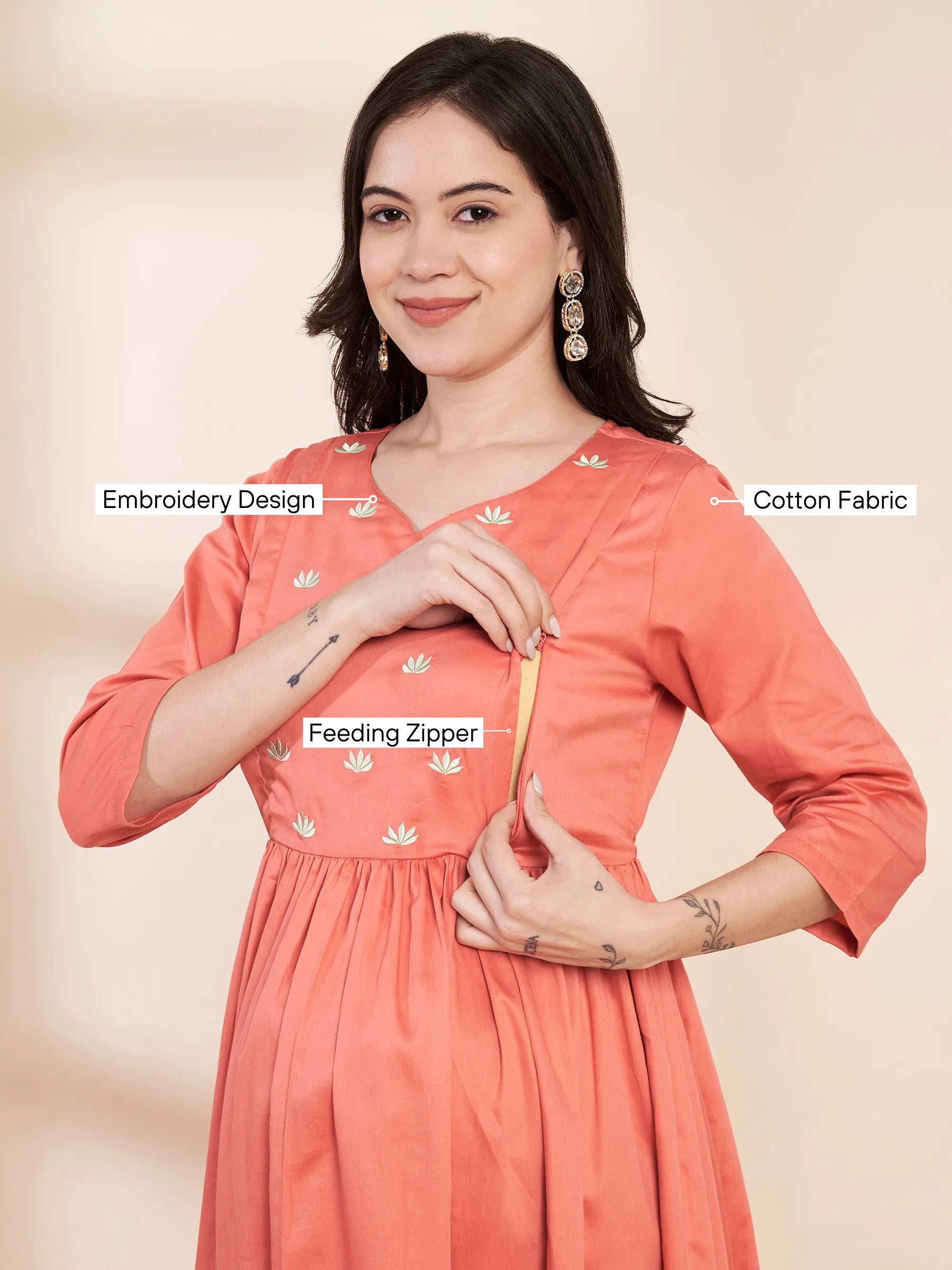 Peach Solid Glace Cotton Maternity Kurta with Trouser and Silk Dupatta