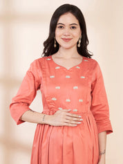 Peach Solid Glace Cotton Maternity Kurta with Trouser and Silk Dupatta
