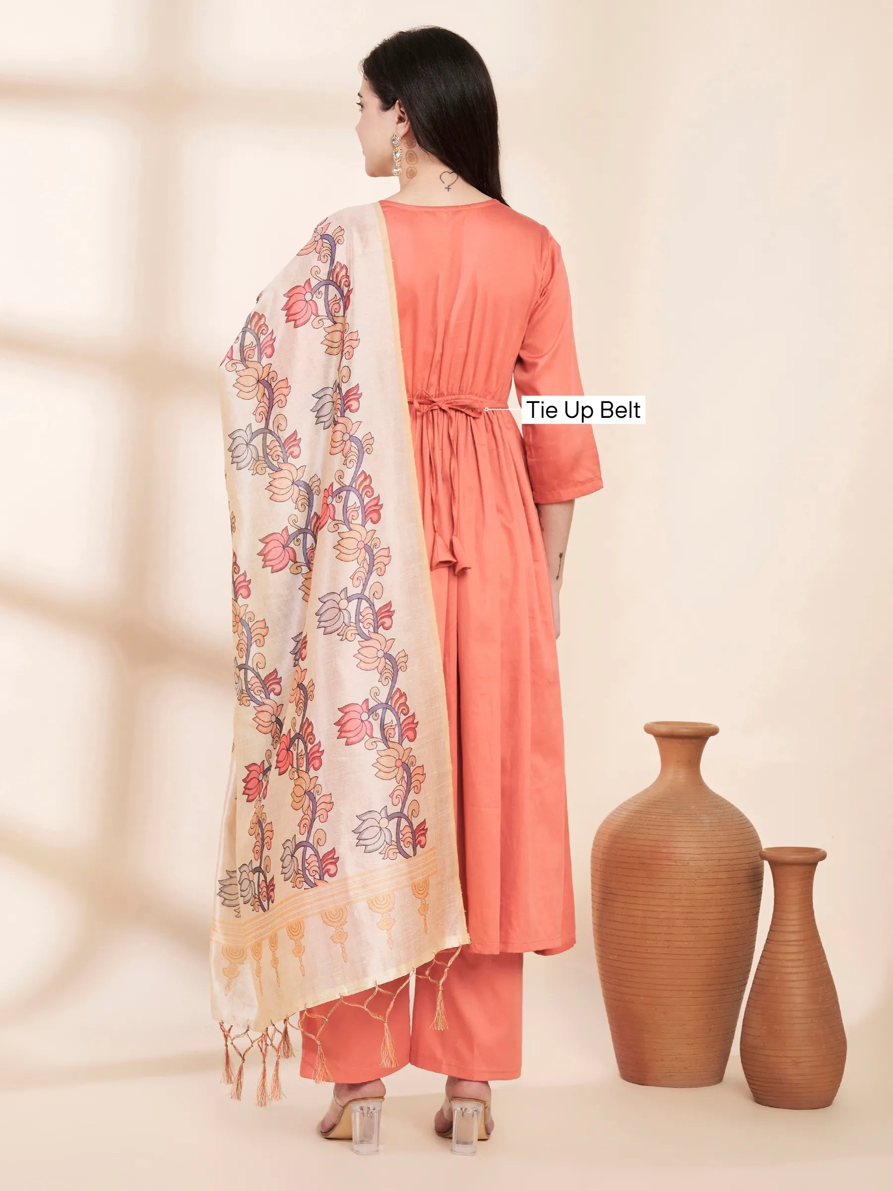 Peach Solid Glace Cotton Maternity Kurta with Trouser and Silk Dupatta