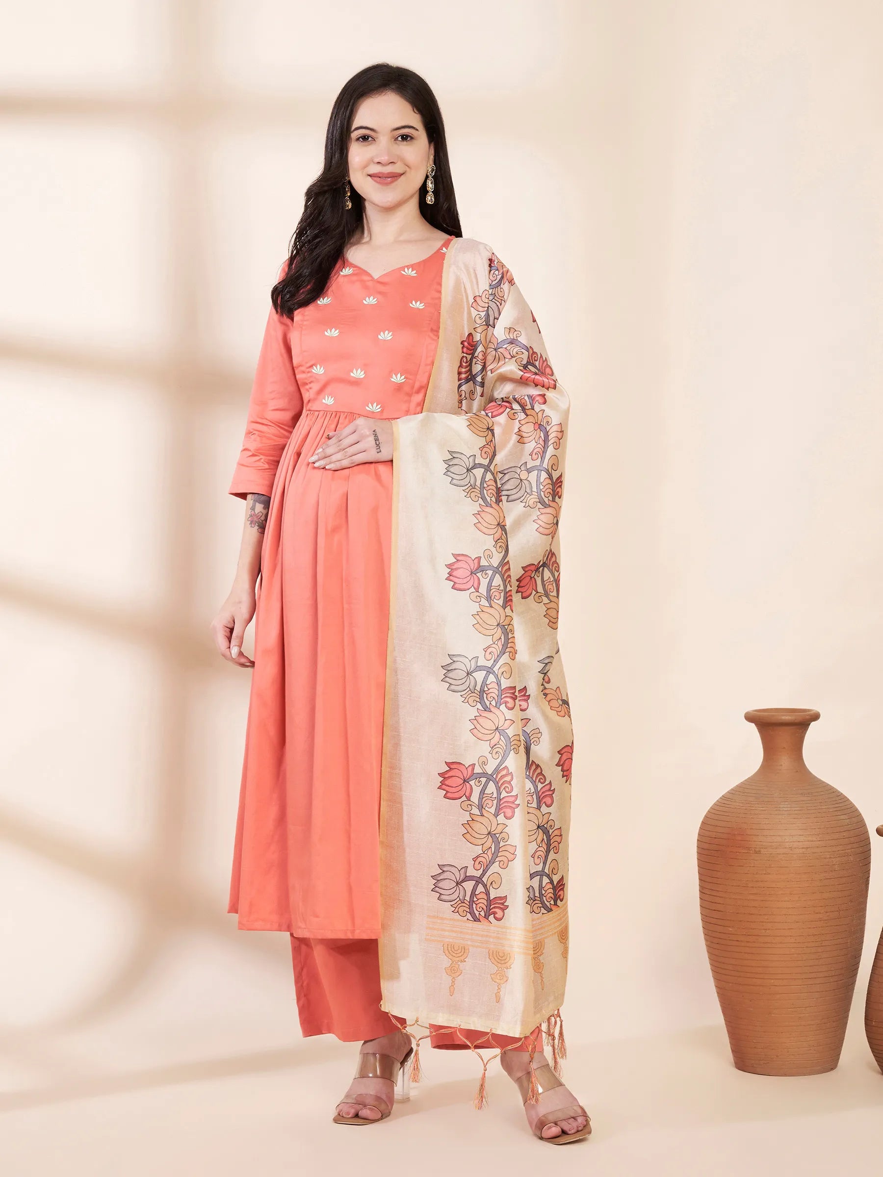 Peach Solid Glace Cotton Maternity Kurta with Trouser and Silk Dupatta
