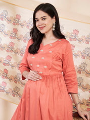 Peach Solid Glace Cotton Maternity Kurta with Trouser and Silk Dupatta