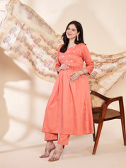 Peach Solid Glace Cotton Maternity Kurta with Trouser and Silk Dupatta
