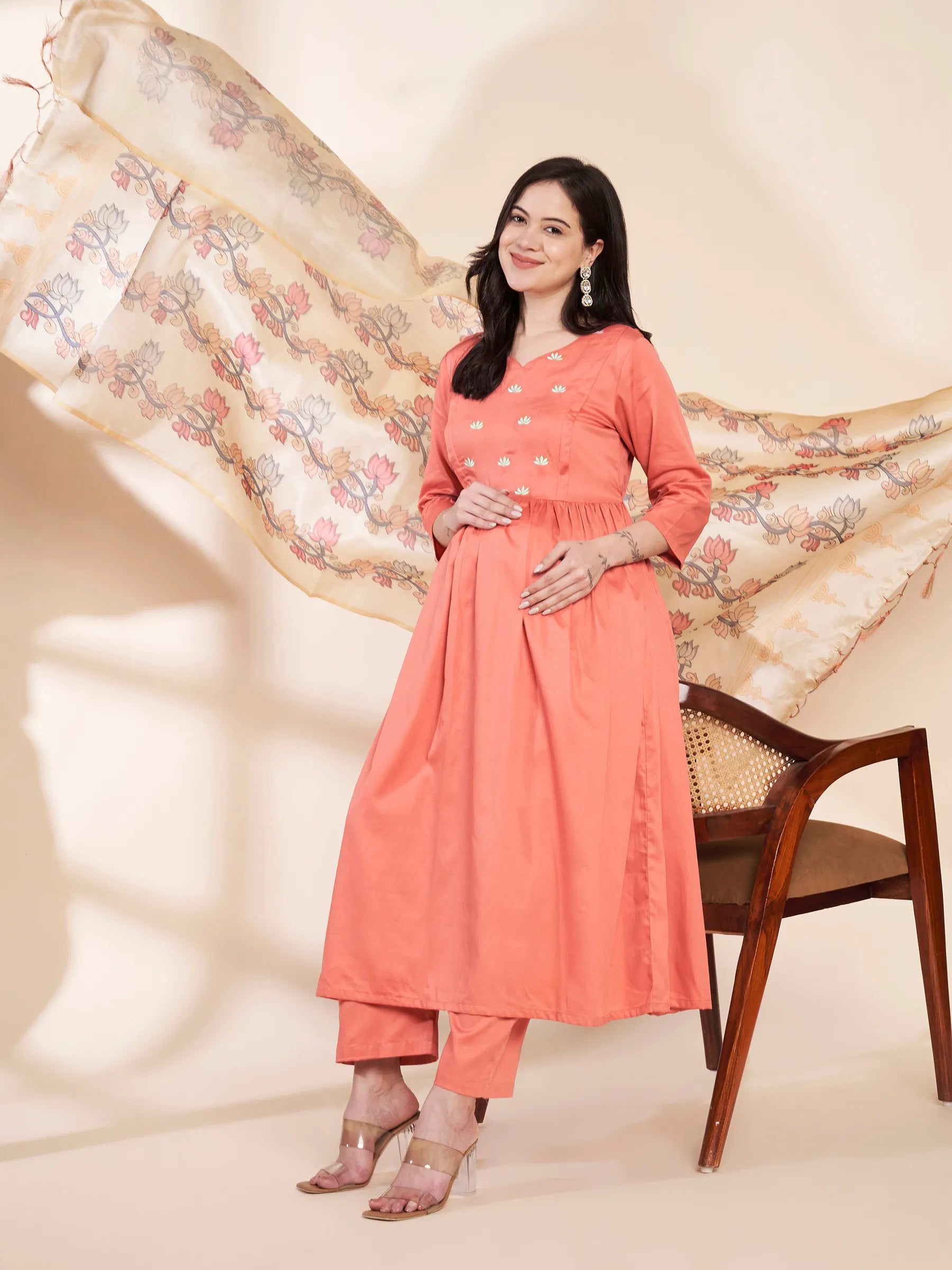 Peach Solid Glace Cotton Maternity Kurta with Trouser and Silk Dupatta
