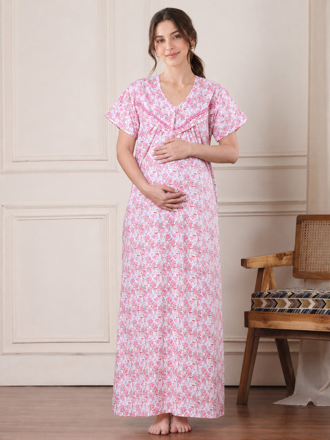 Pink Floral Pure Cotton Maternity Nighty