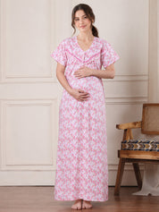 Pink Floral Pure Cotton Maternity Nighty