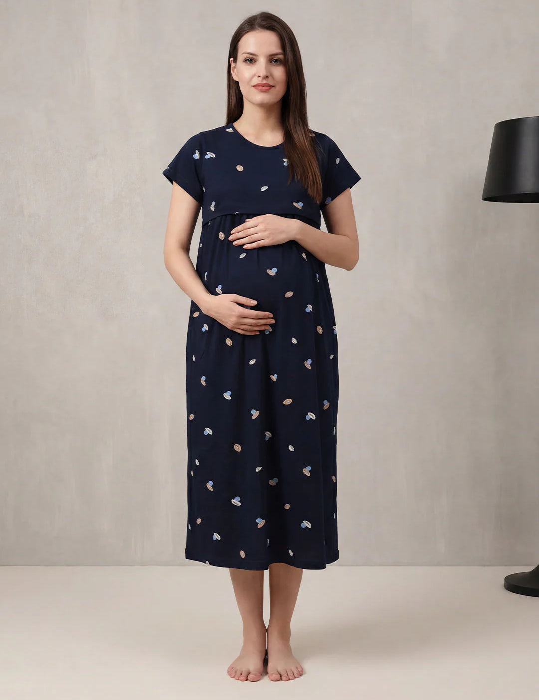 Navy Blue Shell Hosiery Maternity Nighty