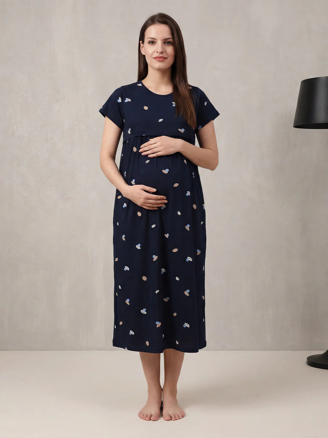Navy Blue Shell Hosiery Maternity Nighty