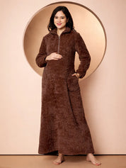 Brown Blanket Fur Maternity Winter Nighty