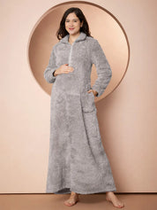Grey Blanket Fur Maternity Winter Nighty