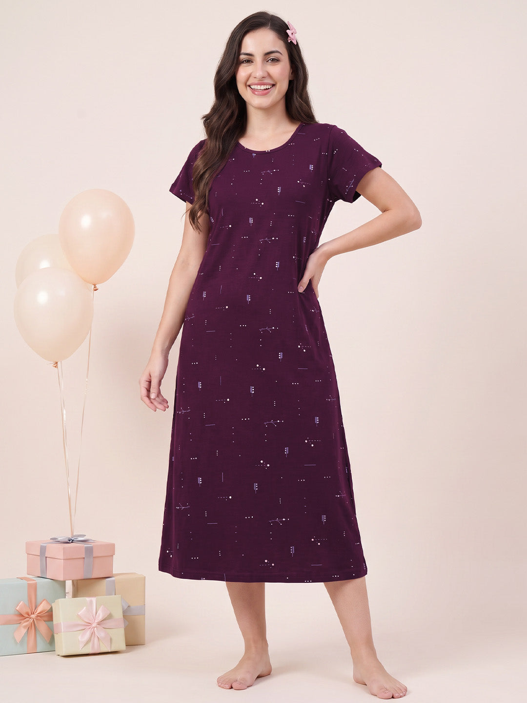 Purple Printed Hosiery Nighty