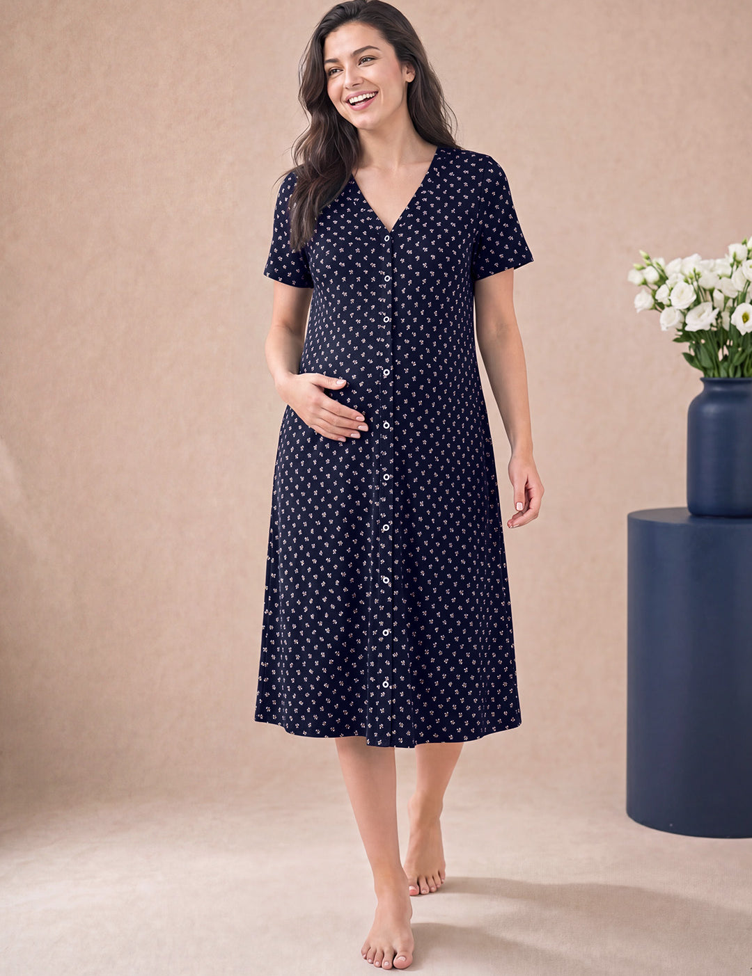 Navy Blue Printed Hosiery Zipless Maternity Nighty