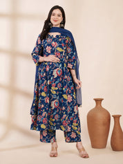 Blue Floral Cotton Maternity Kurta with Trouser and Dupatta