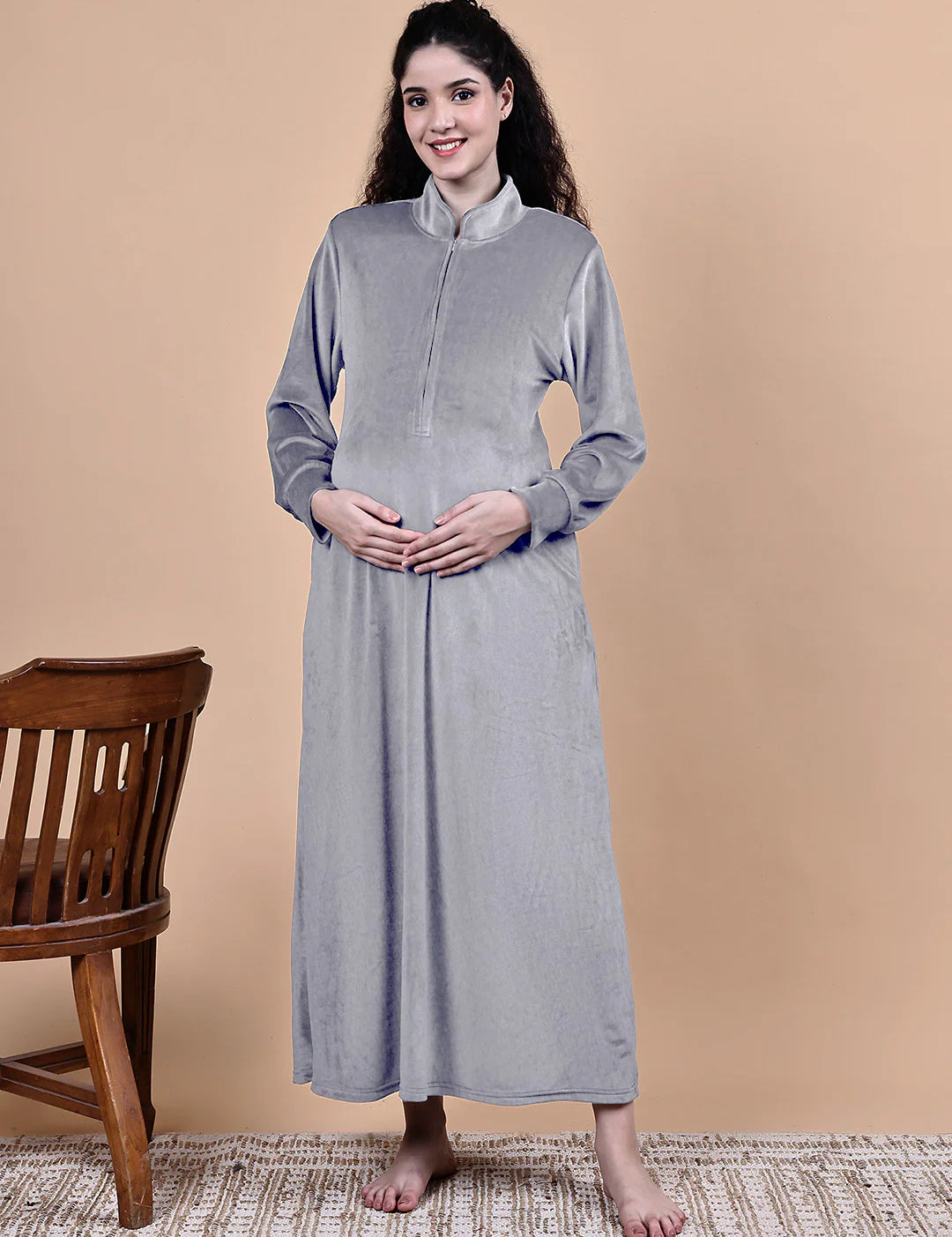 Grey Solid Velvet Winter Maternity Nighty