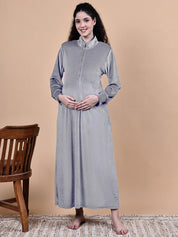 Grey Solid Velvet Winter Maternity Nighty