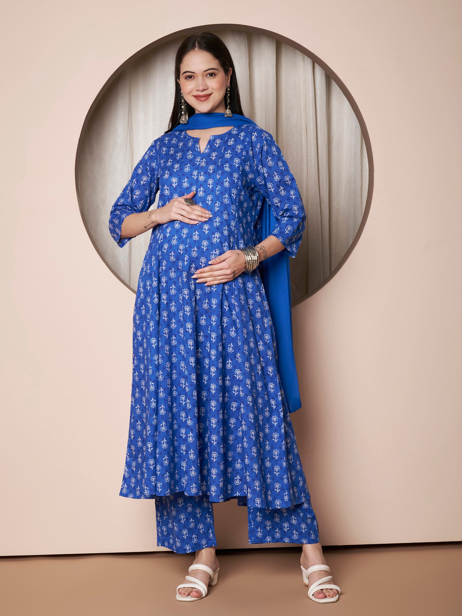 Blue Floral Cotton Maternity Kurta with Trouser and Dupatta