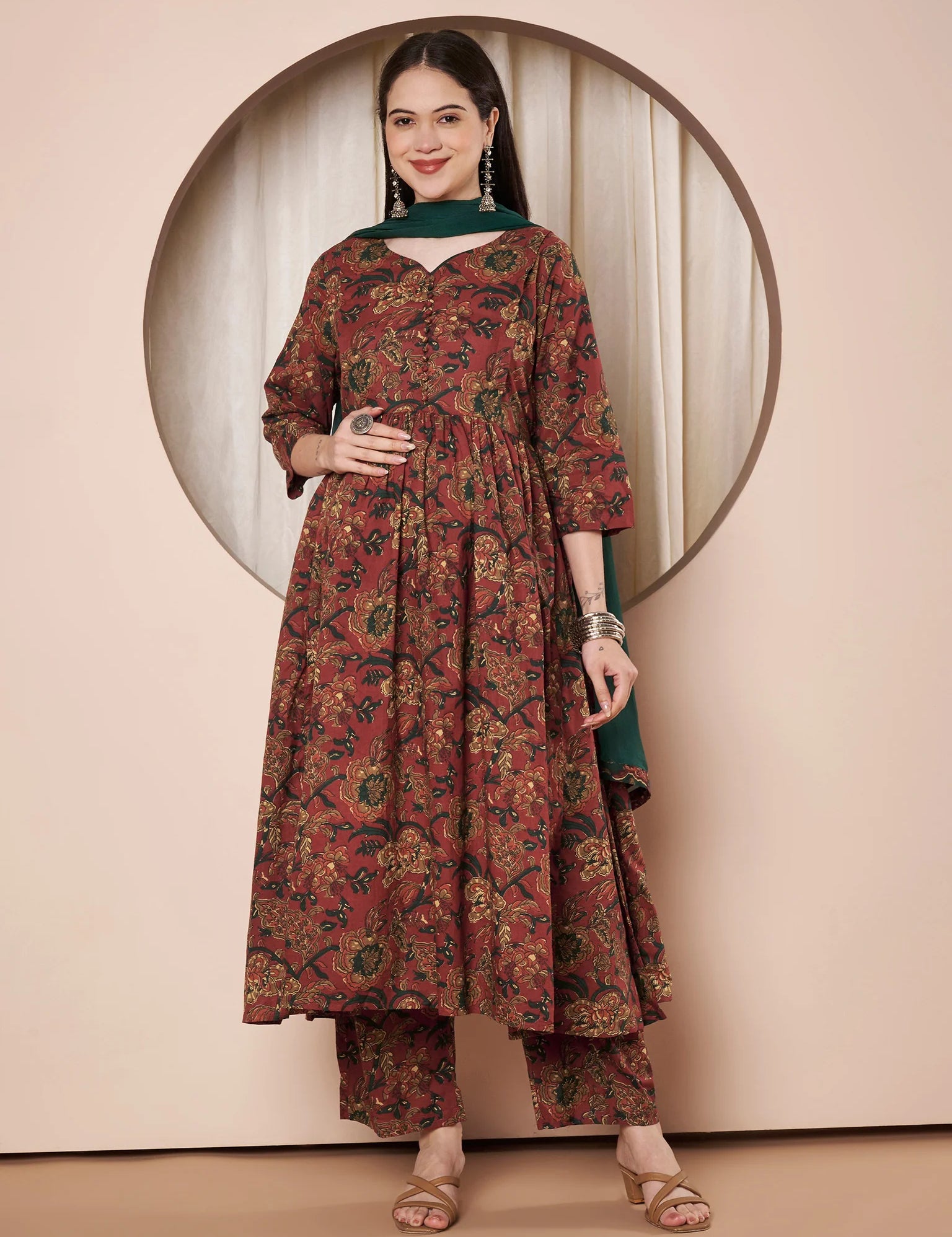 Rust Floral Cotton Maternity Kurta with Trouser and Dupatta