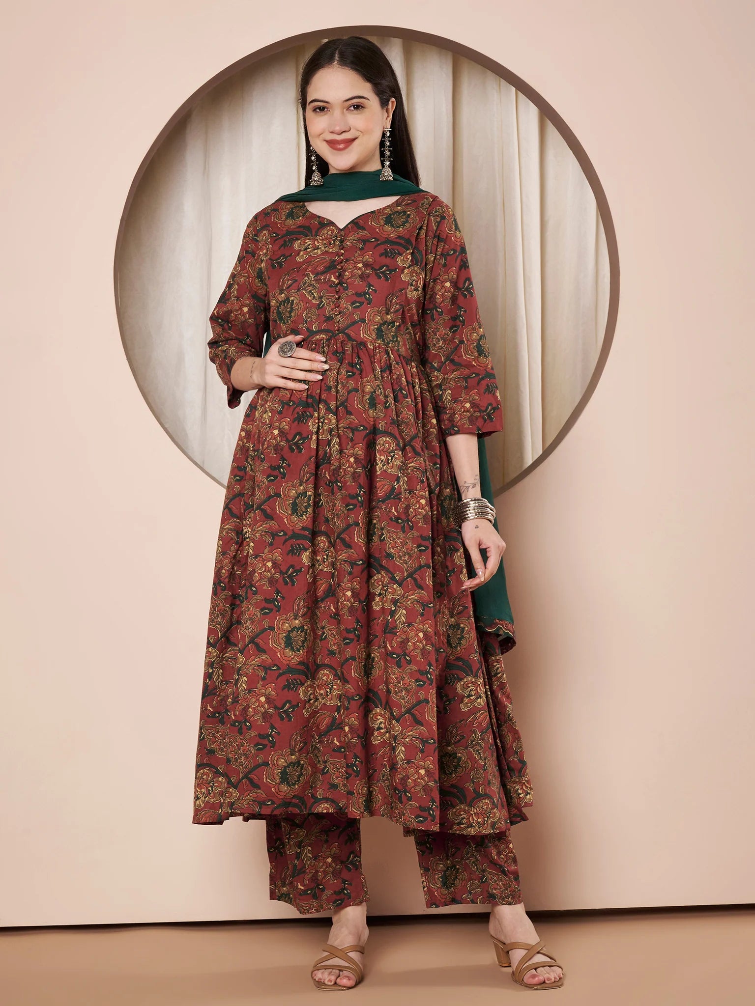 Rust Floral Cotton Maternity Kurta with Trouser and Dupatta