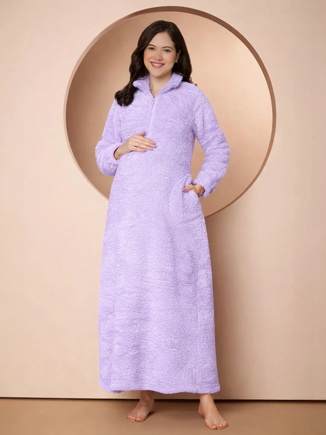 Lilac Blanket Fur Maternity Winter Nighty
