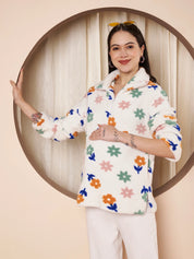 White Floral Fur Winter Maternity Pullover