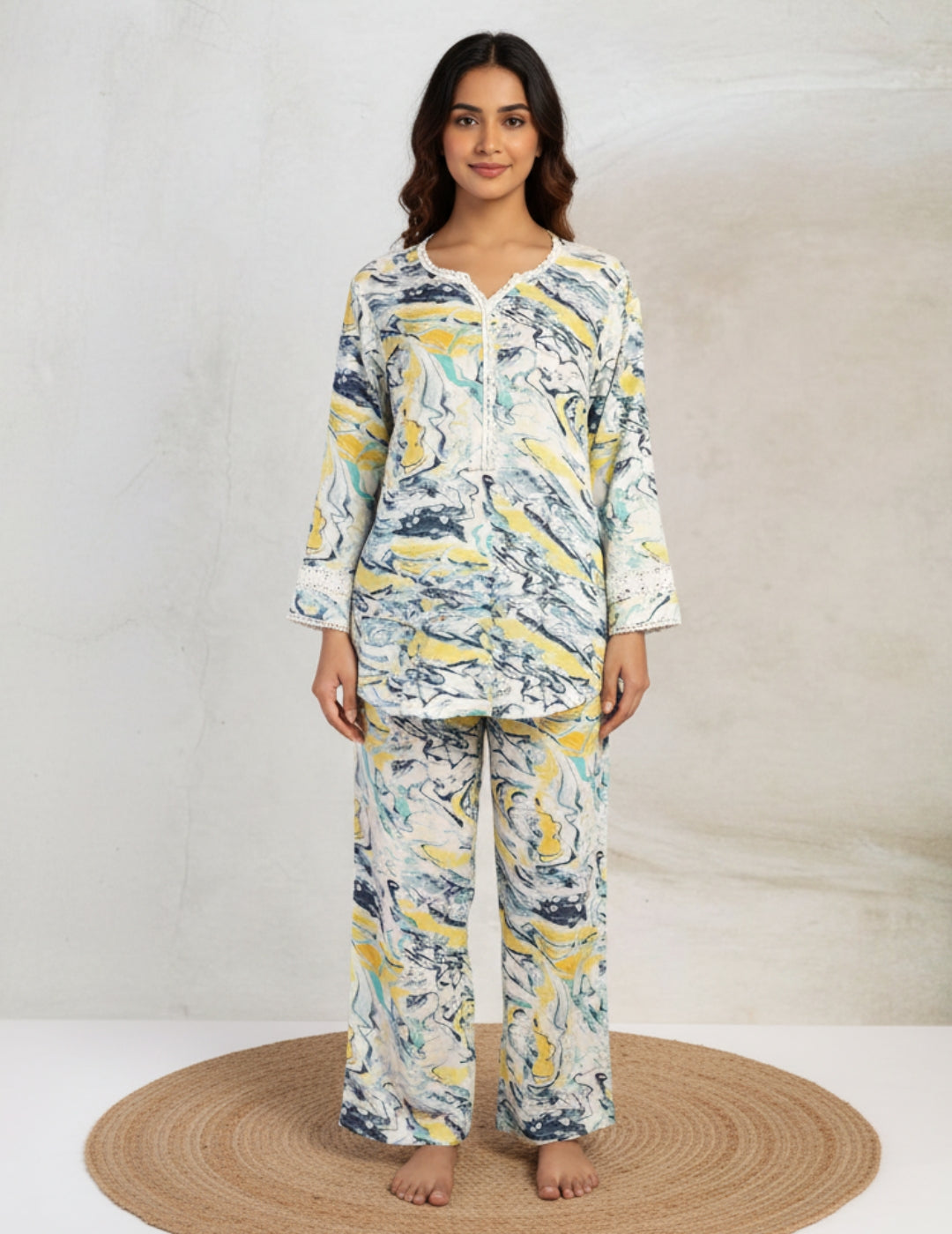 Abstract Print Rayon White Co-Ord Set