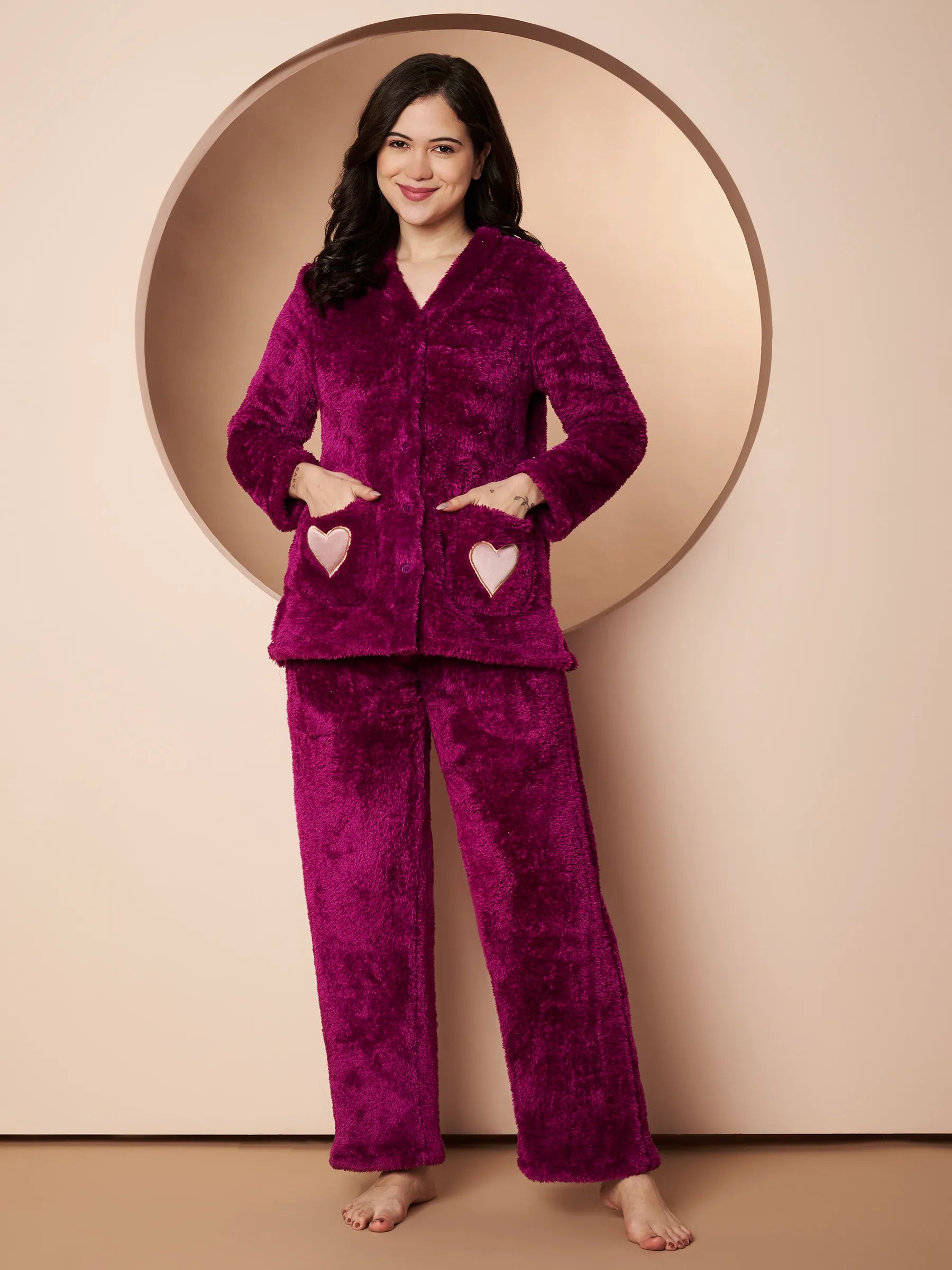Purple Velvet Heart Faux Fur Winter Night Suit