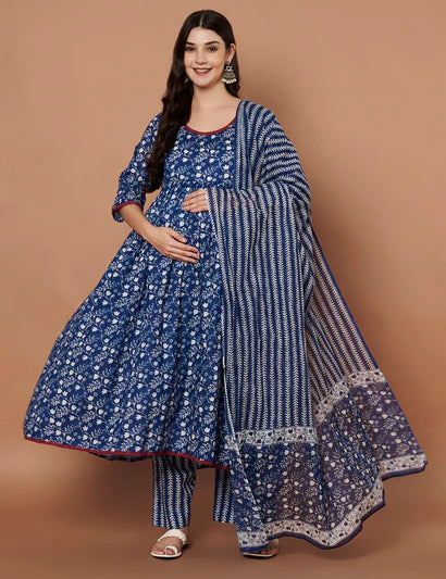 Navy Blue Floral Cotton Maternity Kurta with Trouser and Dupatta