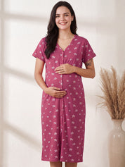 Pink Star Print Hosiery Zipless Maternity Nighty