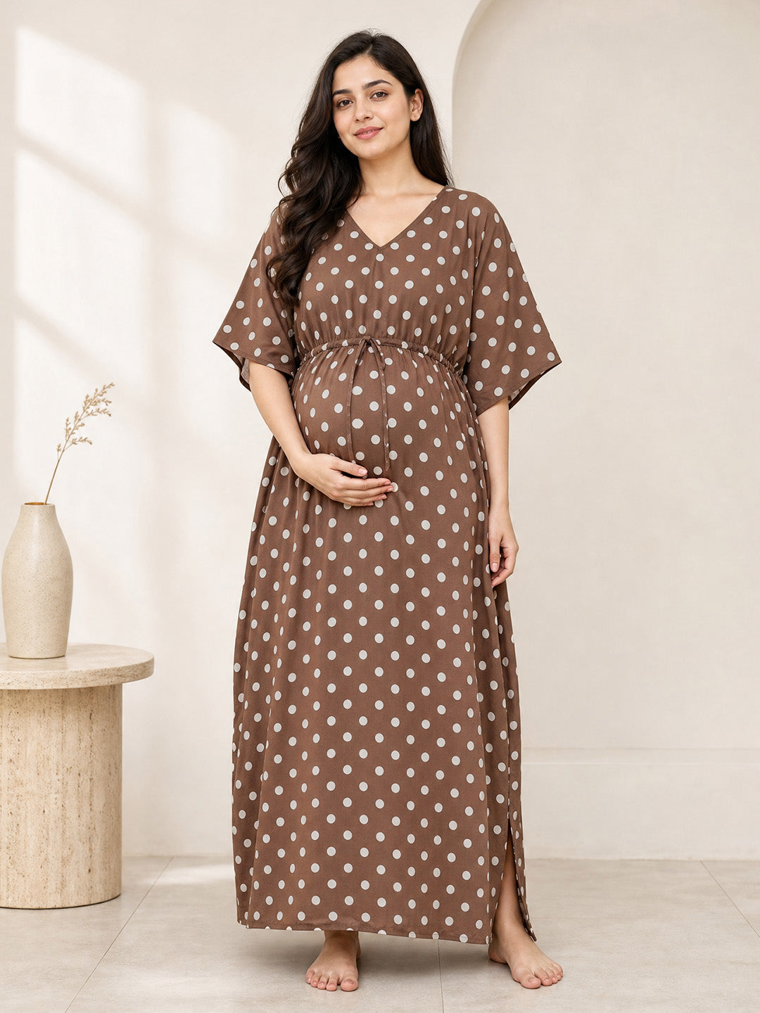 Brown Polka Dots Rayon Maternity Kaftan