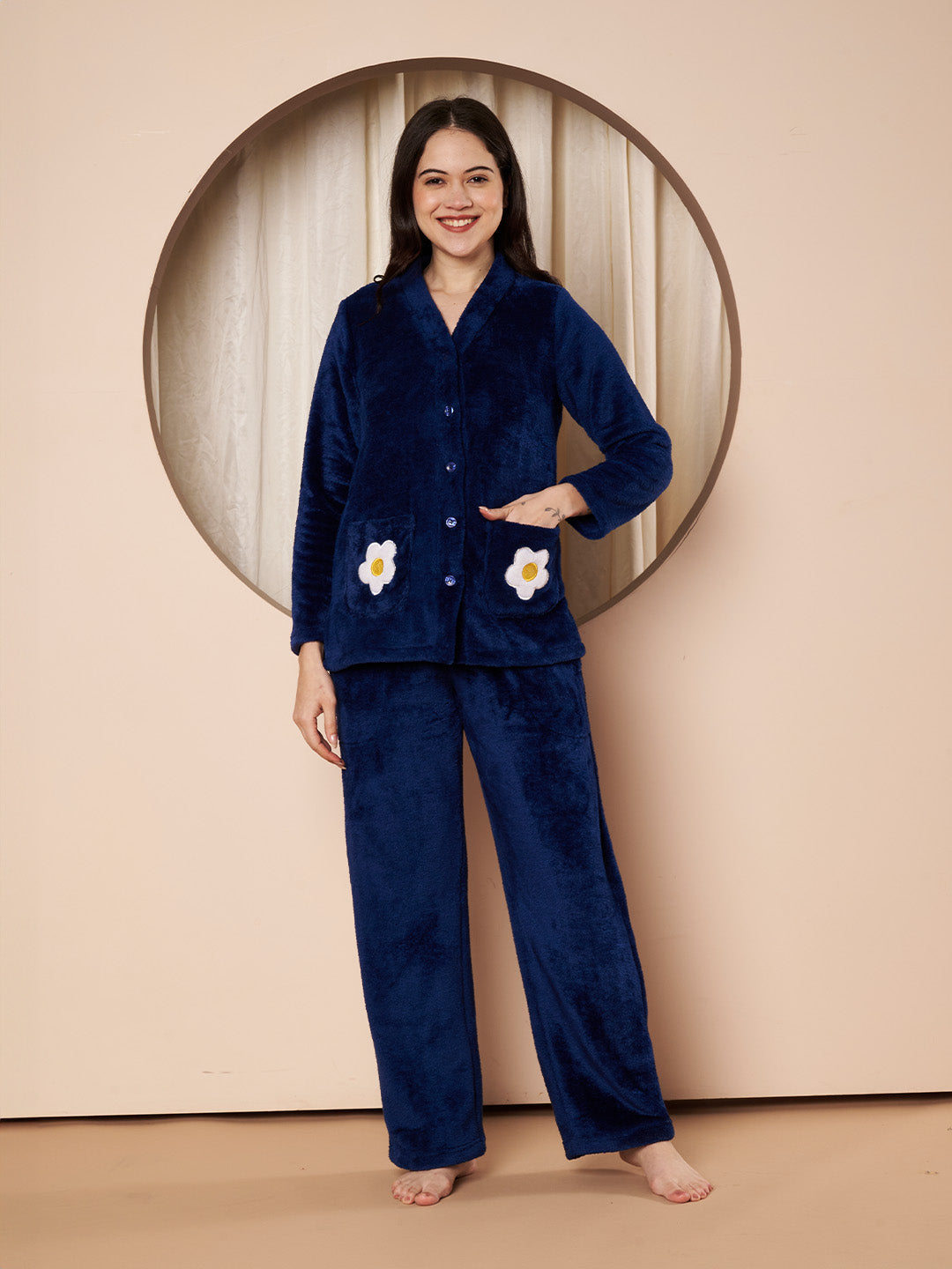 Navy Daisy Pocket Faux Fur Winter Night Suit