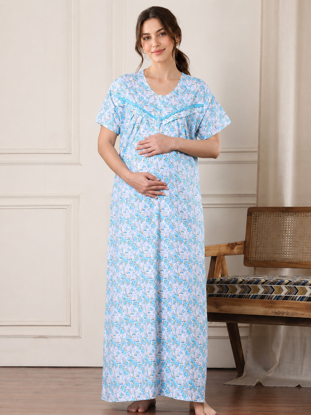 Blue Floral Pure Cotton Maternity Nighty