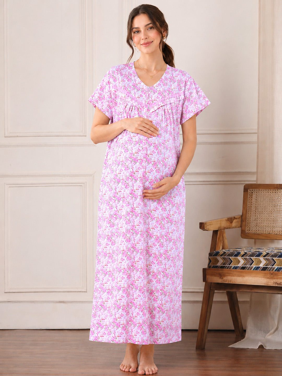 Pink Floral Pure Cotton Maternity Nighty