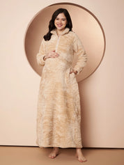 Beige Blanket Fur Maternity Winter Nighty