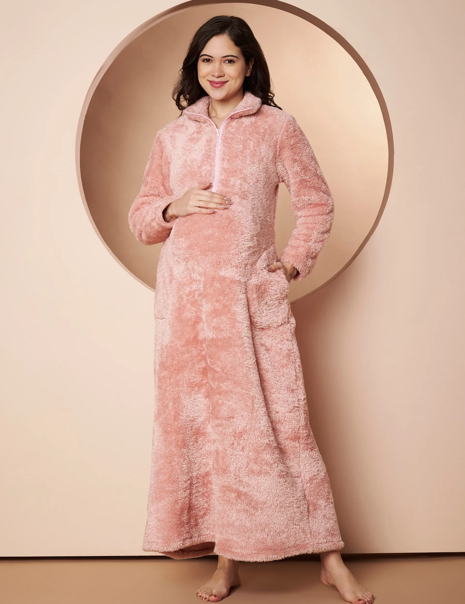 Pink Blanket Fur Maternity Winter Nighty