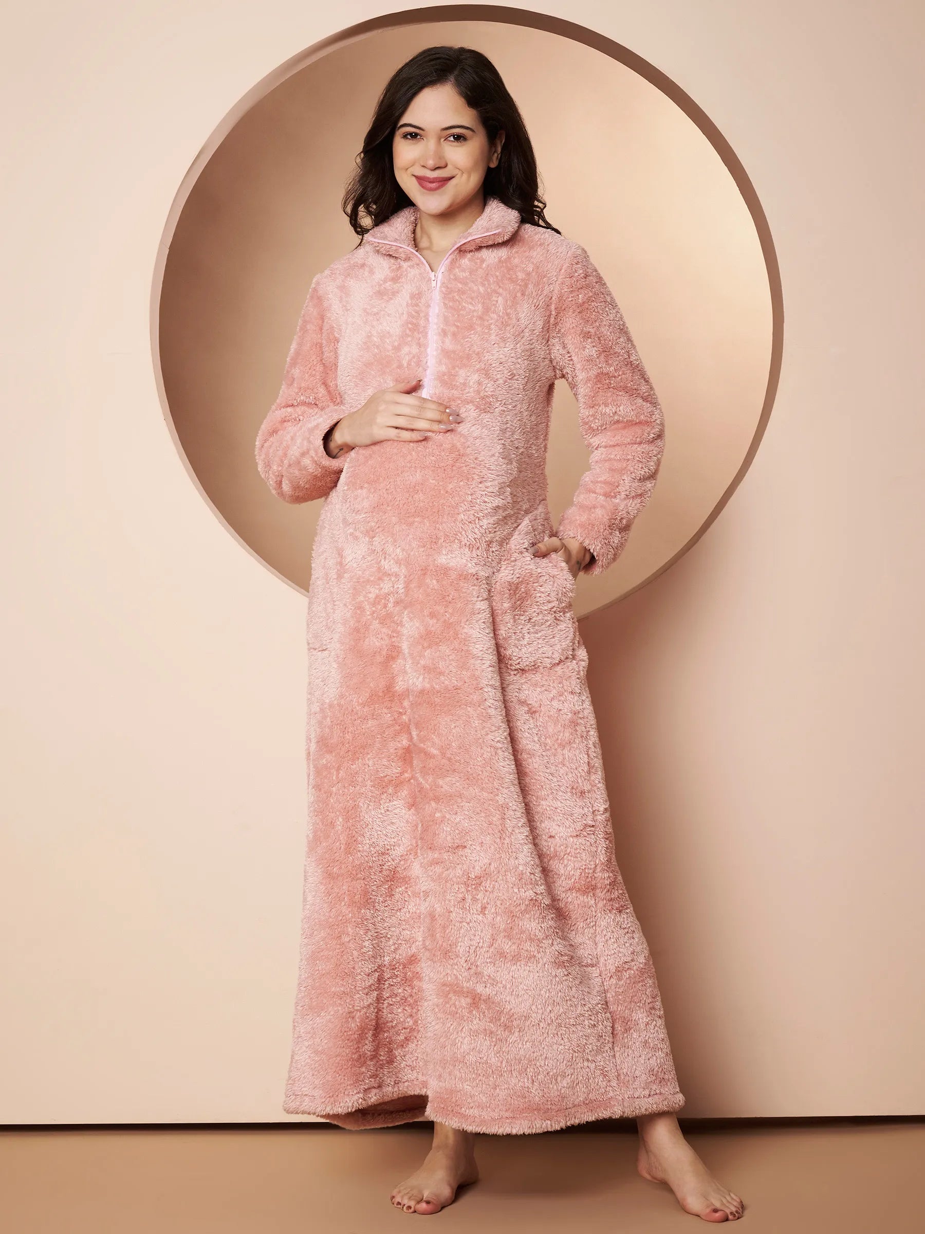 Pink Blanket Fur Maternity Winter Nighty