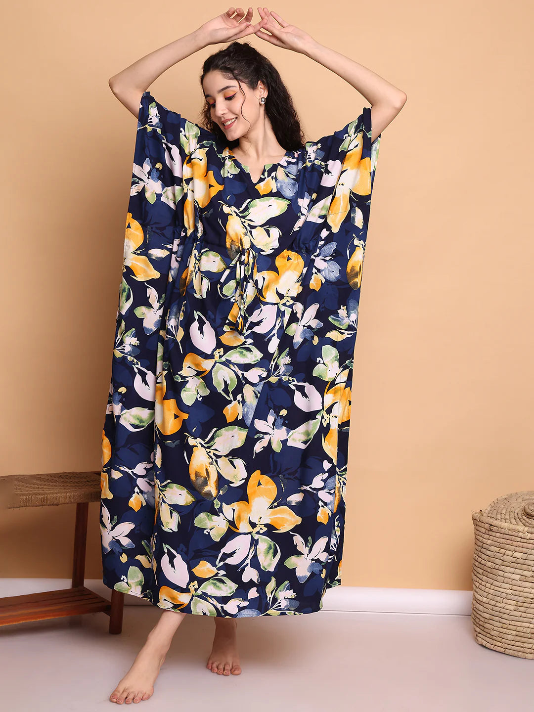 Navy Blue Floral Rayon Kaftan