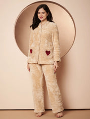 Beige Velvet Heart Faux Fur Winter Night Suit