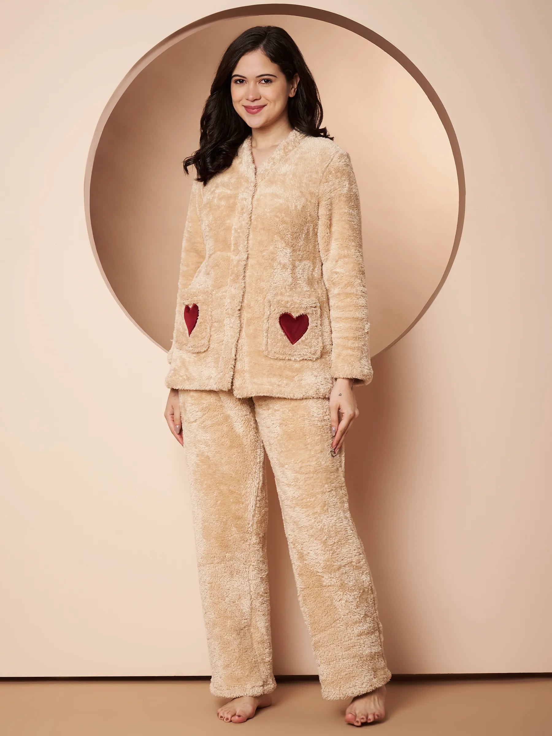 Beige Velvet Heart Faux Fur Winter Night Suit