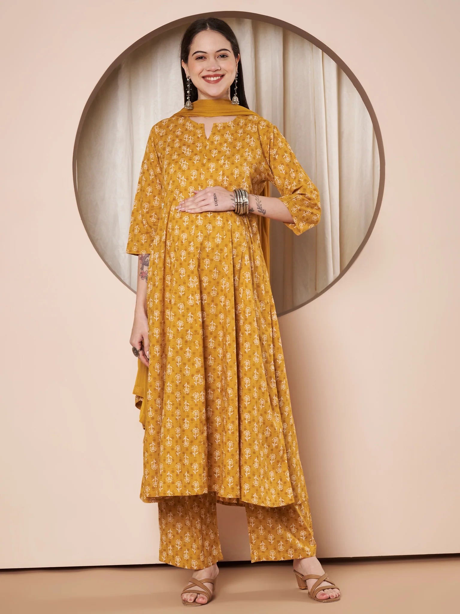 Mustard Floral Cotton Maternity Kurta with Trouser and Dupatta