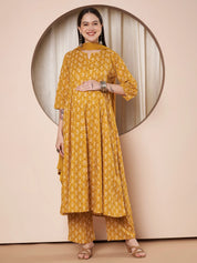 Mustard Floral Cotton Maternity Kurta with Trouser and Dupatta