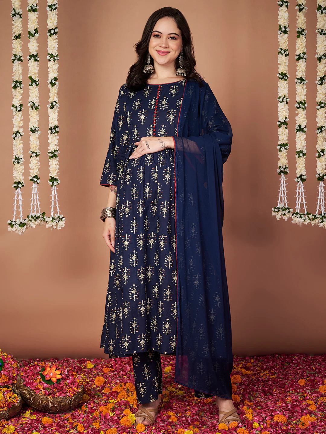 Navy Blue Ikkat Floral Print Cotton Maternity Kurta with Trouser and Dupatta