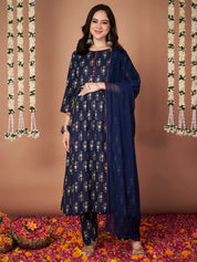 Navy Blue Ikkat Floral Print Cotton Maternity Kurta with Trouser and Dupatta