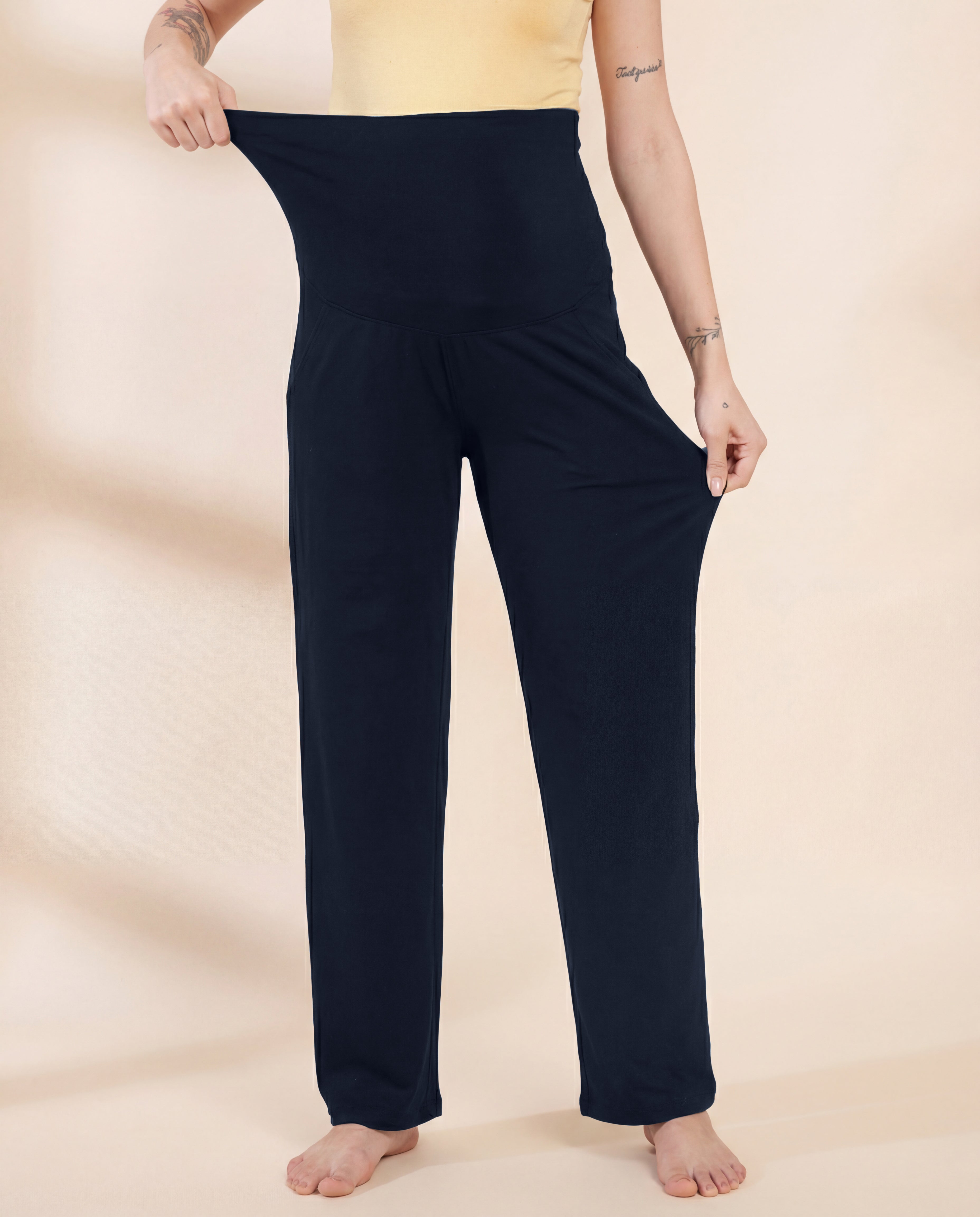 Navy Blue Soild Hosiery Maternity Track Pants