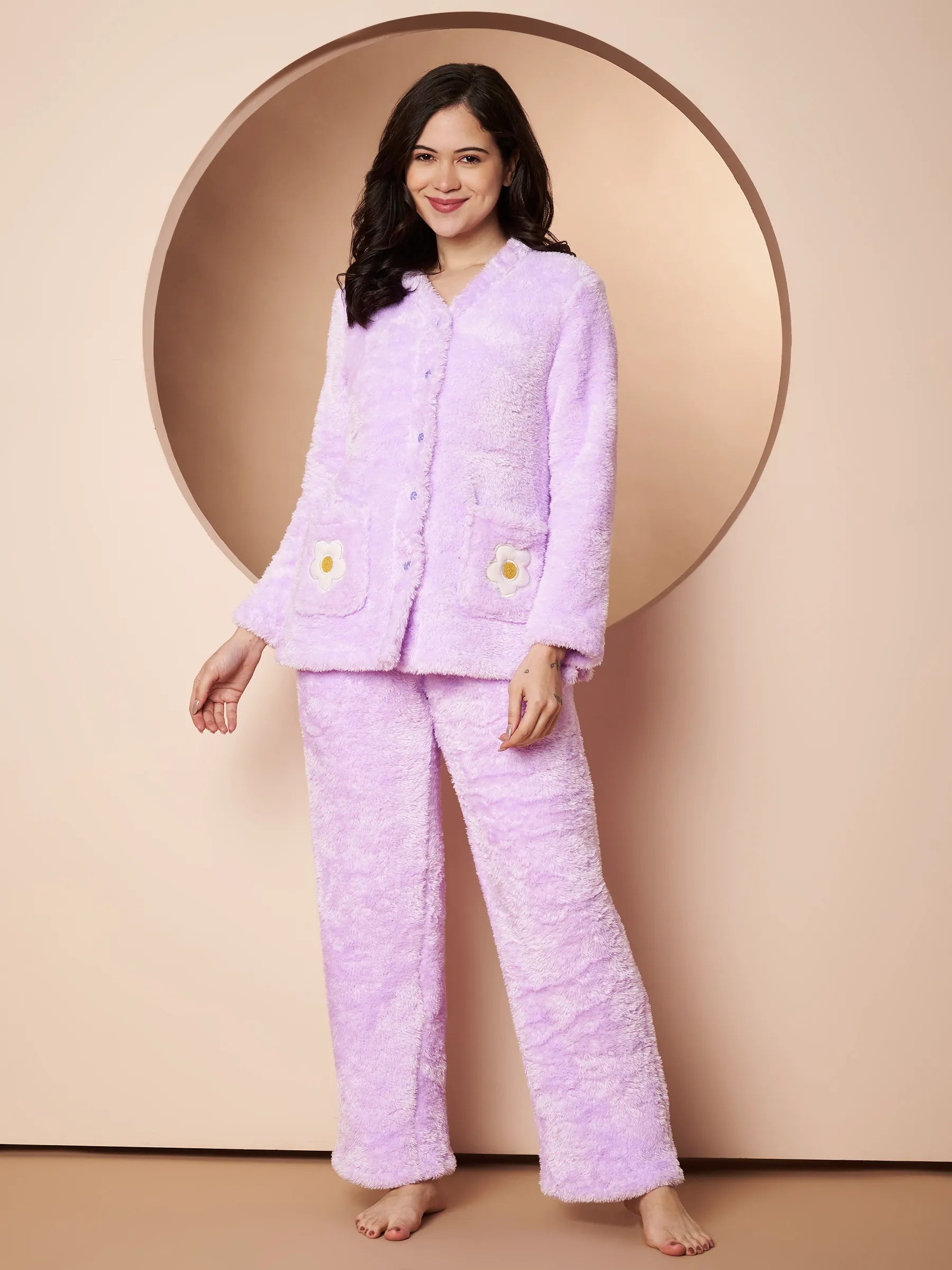 Lilac Velvet Heart Faux Fur Winter Night Suit