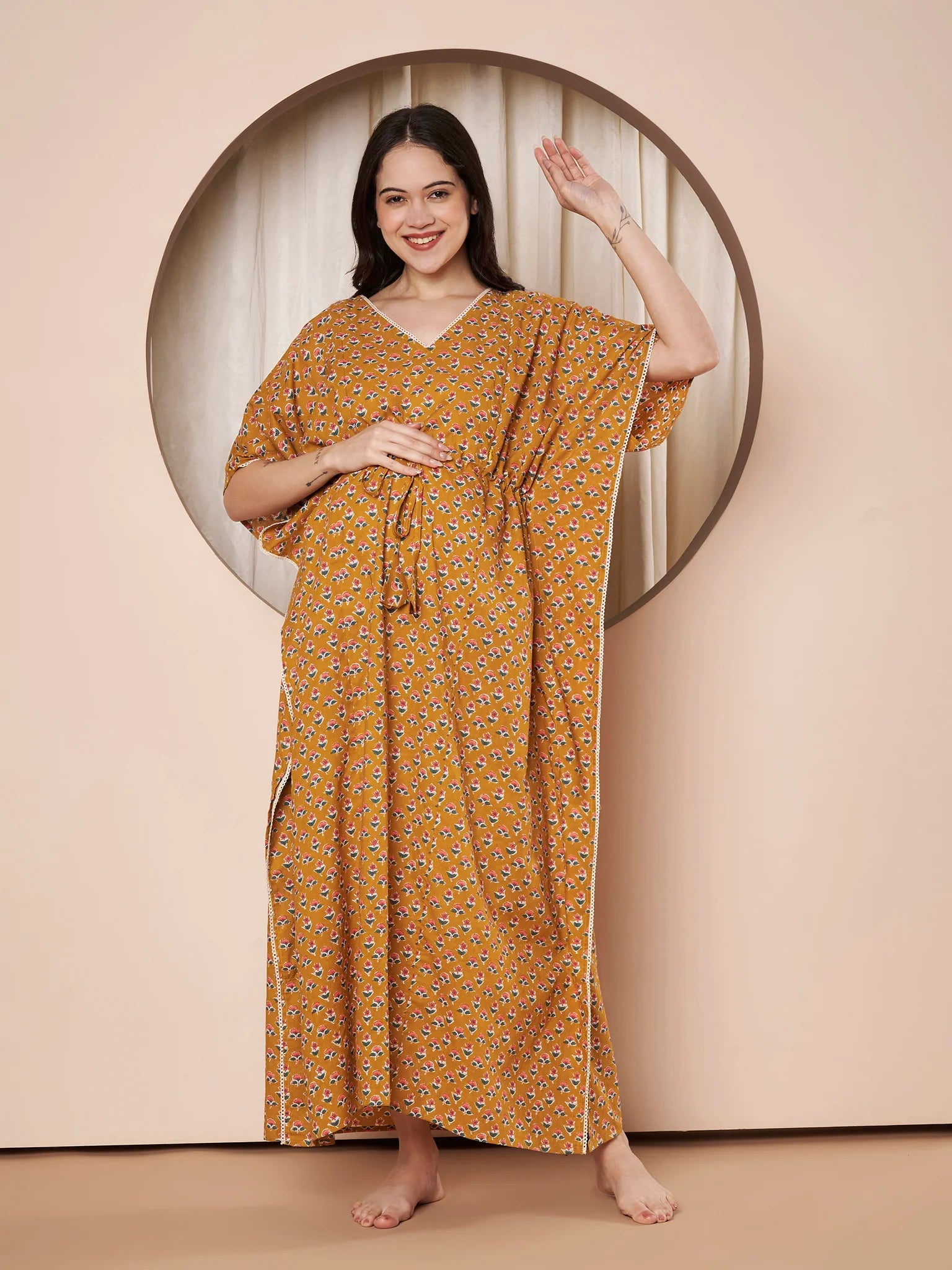 Mustard Floral Cotton Maternity Kaftan