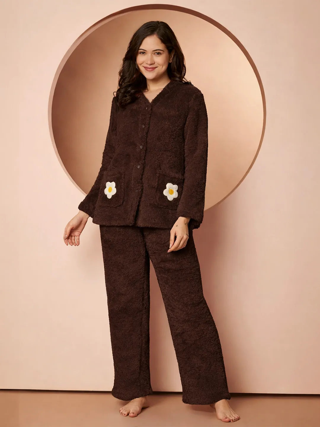 Brown Velvet Heart Faux Fur Winter Night Suit