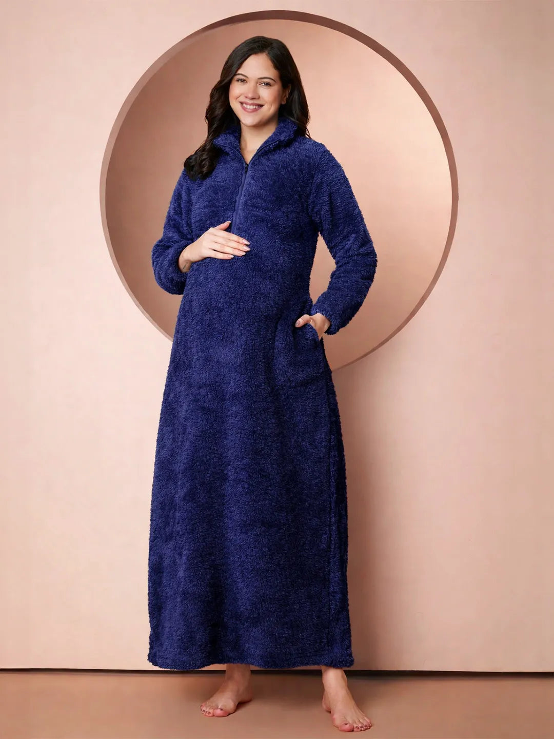 Navy Blanket Fur Maternity Winter Nighty