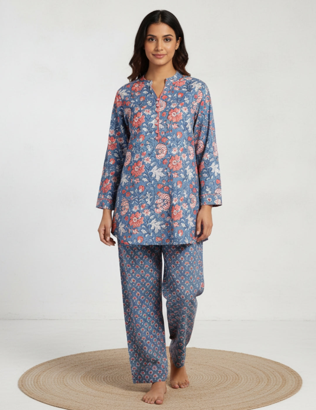 Floral Print Cotton Blue Co-Ord Set